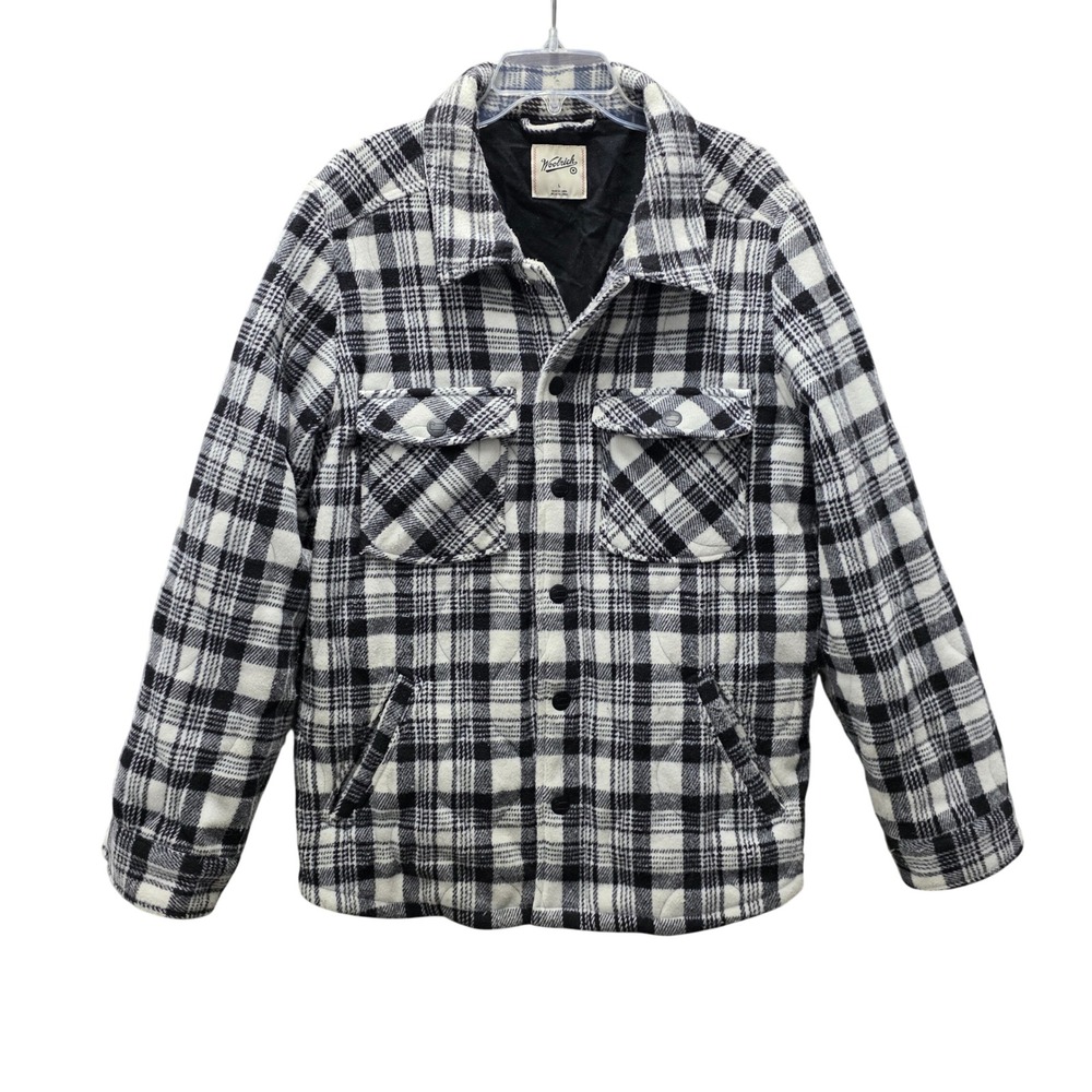 Woolrich Mens Large Quilted Plaid Shirt Jacket Black White Wool Blend Shacket